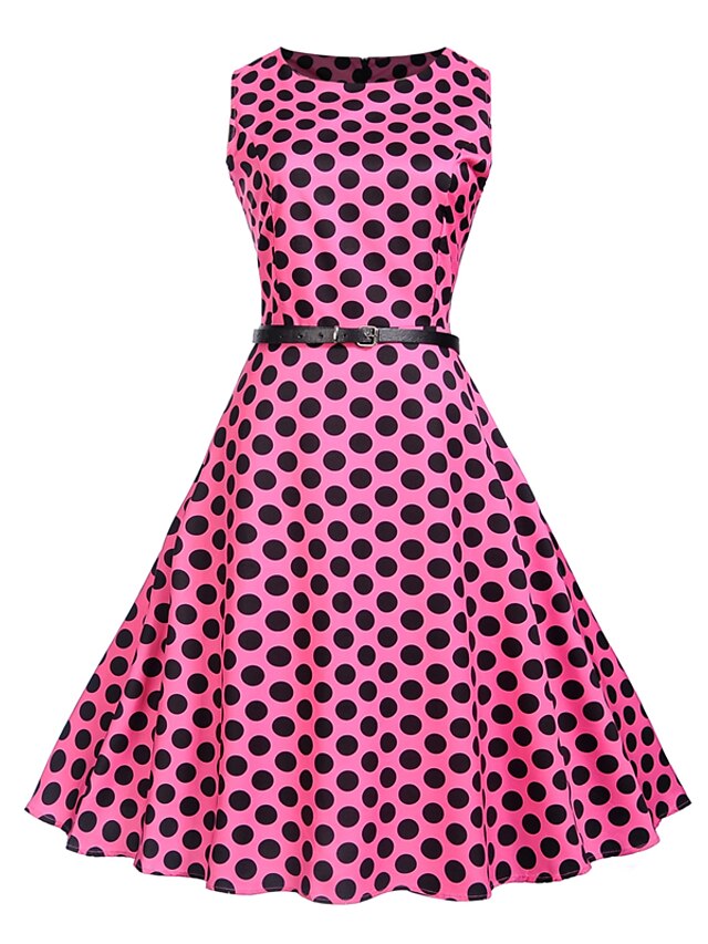  Damen Midi Fuchsia Kleid Retro Swing Punkt Rundhalsausschnitt Druck