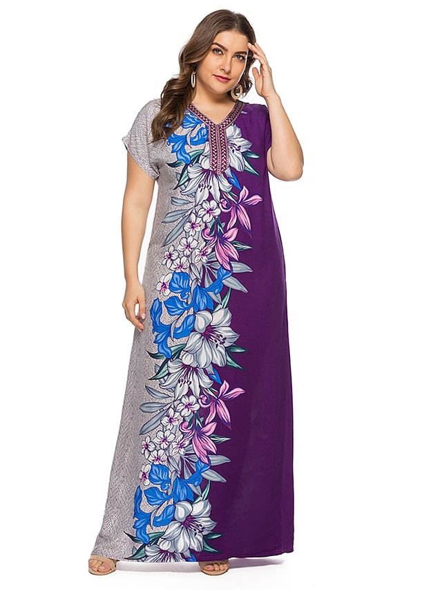  Women's Vintage Elegant Shift Dress - Floral Print Purple XL XXL XXXL