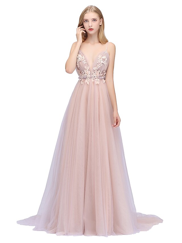  A-Line Sexy Open Back Formal Evening Wedding Party Dress Plunging Neck Sleeveless Sweep / Brush Train Tulle with Beading Sequin Appliques 2020