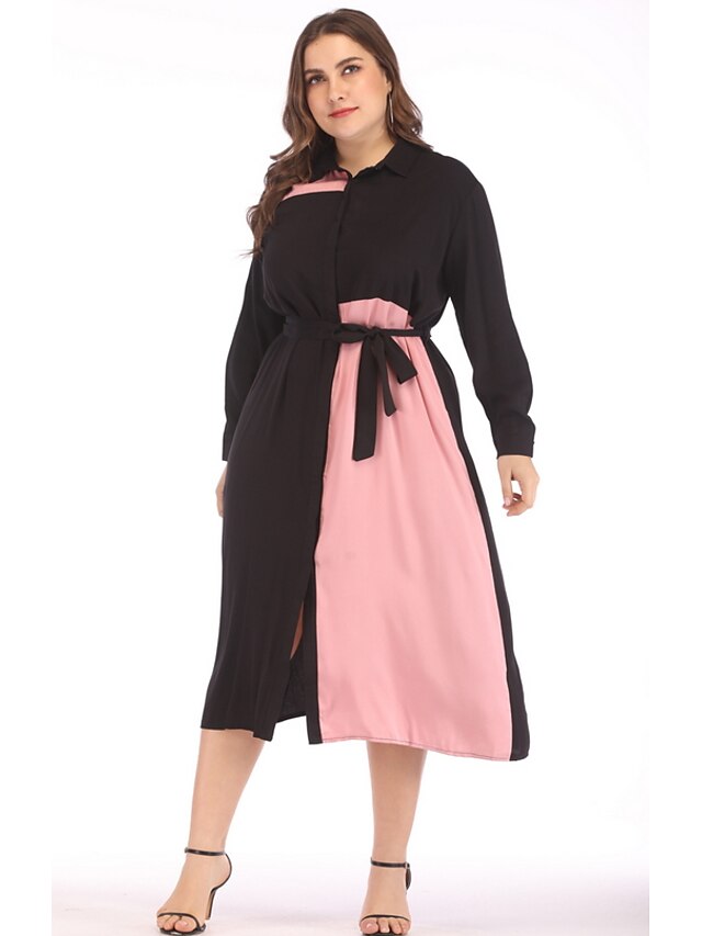  Damen Übergrössen Elegant A-Linie Kleid Einfarbig Midi Hemdkragen
