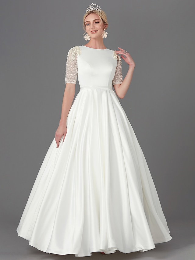  Hall Wedding Dresses A-Line Jewel Neck Half Sleeve Floor Length Satin Bridal Gowns With Sash / Ribbon Buttons 2023 Summer Wedding Party, Women's Clothing