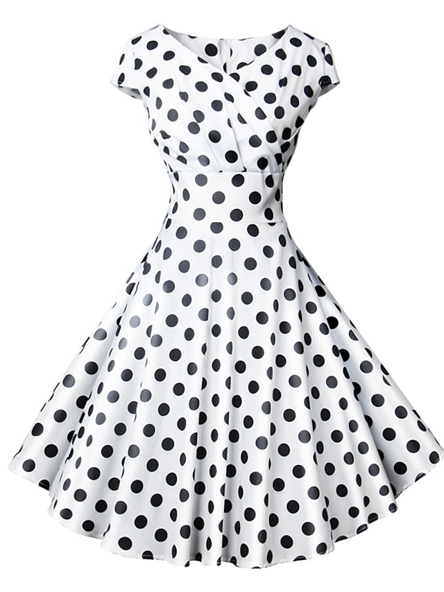  naisten vintage -linjainen mekko polvipituinen mekko valkoinen musta vaaleansininen lyhythihainen pilkku tuloste kevät kesä v kaula 1950 -luvun kuuma juhla -lomavyö ei sisälly 2021 s m l xxl