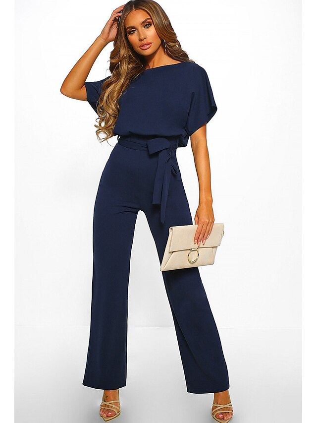 Women's Jumpsuit Belted Round Neck Basic Daily Straight Regular Fit ...