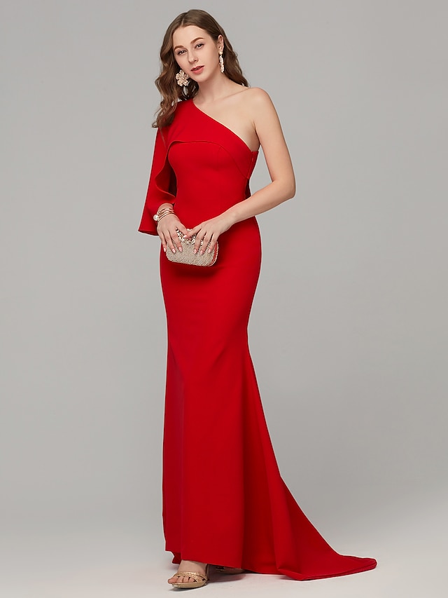  Mermaid / Trumpet Sexy Engagement Formal Evening Dress One Shoulder Sleeveless Sweep / Brush Train Crepe Jersey with Draping 2021