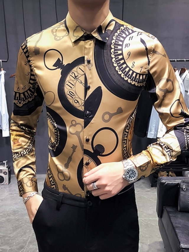  男性用 シャツ 幾何学模様 プラスサイズ 長袖 トップの ブラック ゴールド