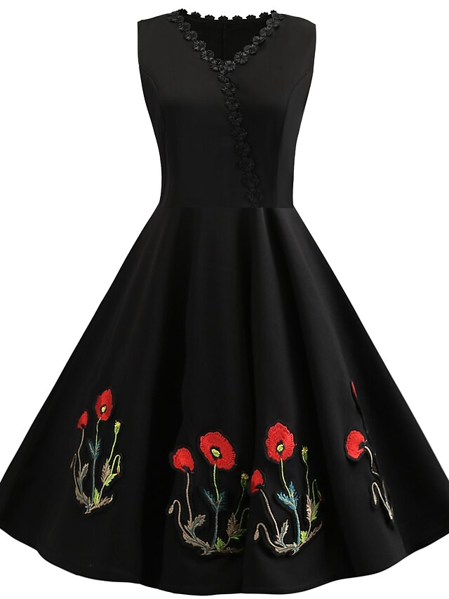  Per donna Sopra il ginocchio Taglie forti Nero Vestito Vintage Nero Swing Fantasia floreale Pied-de-poule Tinta unita A cuore Con stampe