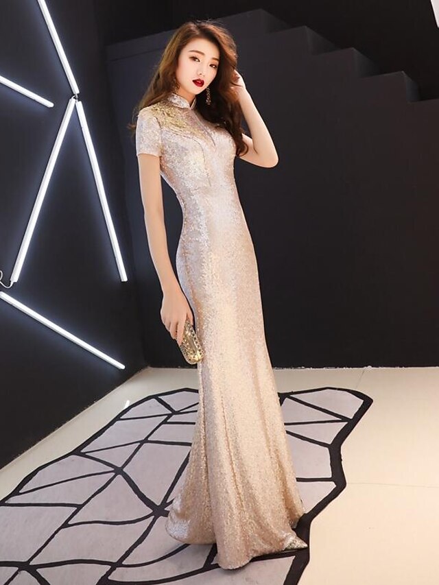  Mermaid / Trumpet Halter Neck Floor Length Sequined Bridesmaid Dress with Split Front by LAN TING Express