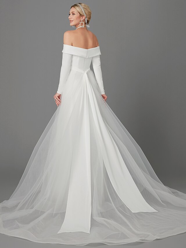  Engagement Formal Wedding Dresses Chapel Train A-Line Long Sleeve Off Shoulder Chiffon With Criss Cross 2023 Bridal Gowns