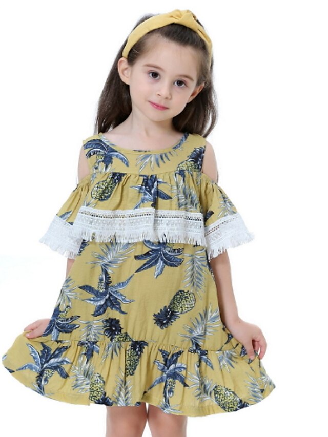  Girls' Short Sleeve Floral 3D Printed Graphic Dresses Boho Knee-length Polyester Dress Kids Regular Fit Tassel Fringe