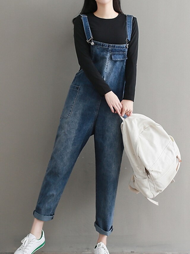  Women's Basic Overalls Pants - Solid Colored Cotton Blue S M L