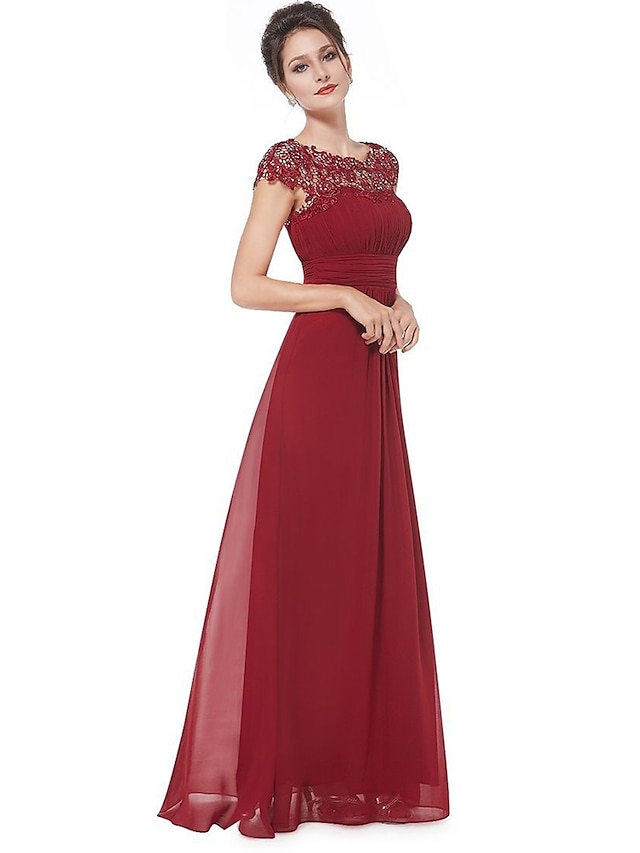 A-Line Empire Red Wedding Guest Prom Dress Boat Neck Sleeveless Floor ...