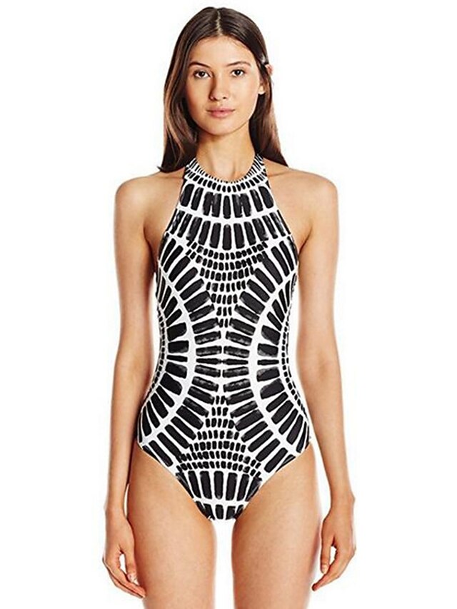  Women's Basic Black Cheeky One-piece Swimwear Swimsuit - Geometric Print S M L Black