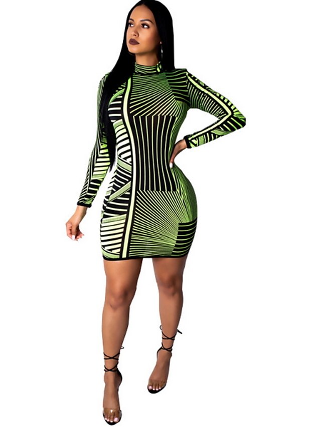  Women's Basic Slim Bodycon Dress - Striped Patchwork Green S M L XL