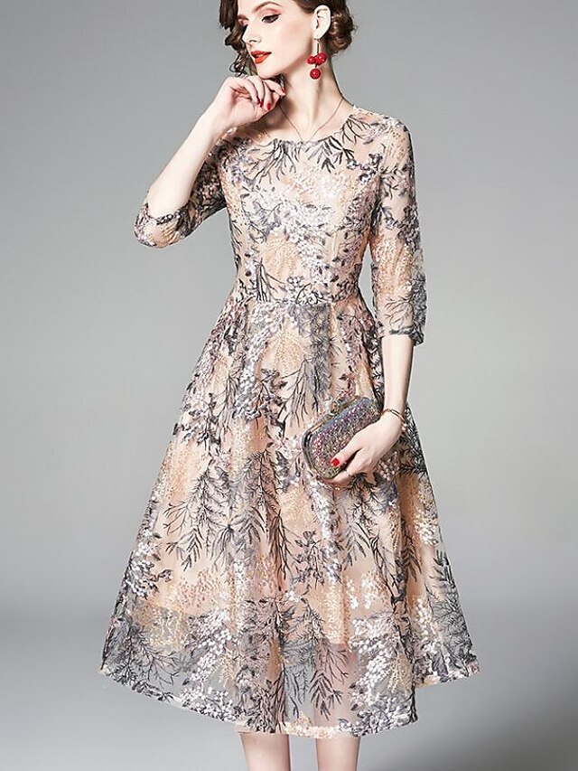 Women's Elegant Swing Dress - Solid Colored Patchwork Lace Trims Lace Khaki S M L XL