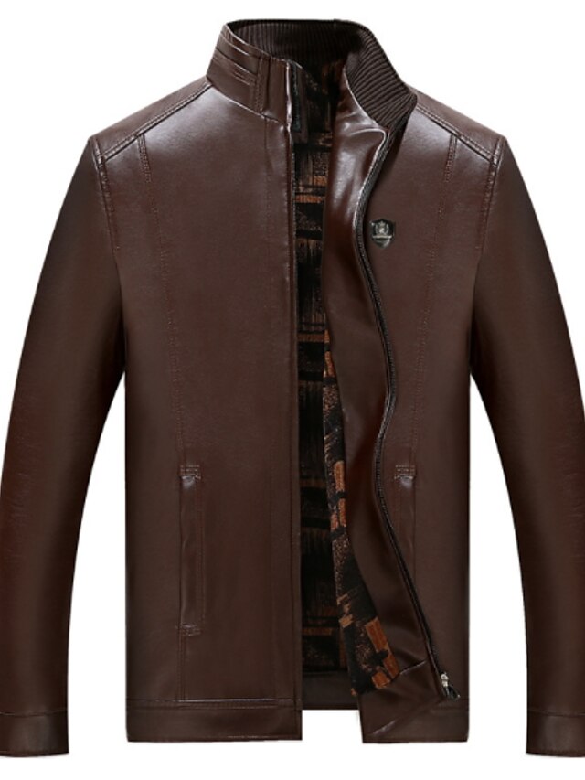  Men's Daily Basic Spring &  Fall Regular Leather Jacket, Solid Colored Stand Long Sleeve PU Brown / Black XXL / XXXL / XXXXL