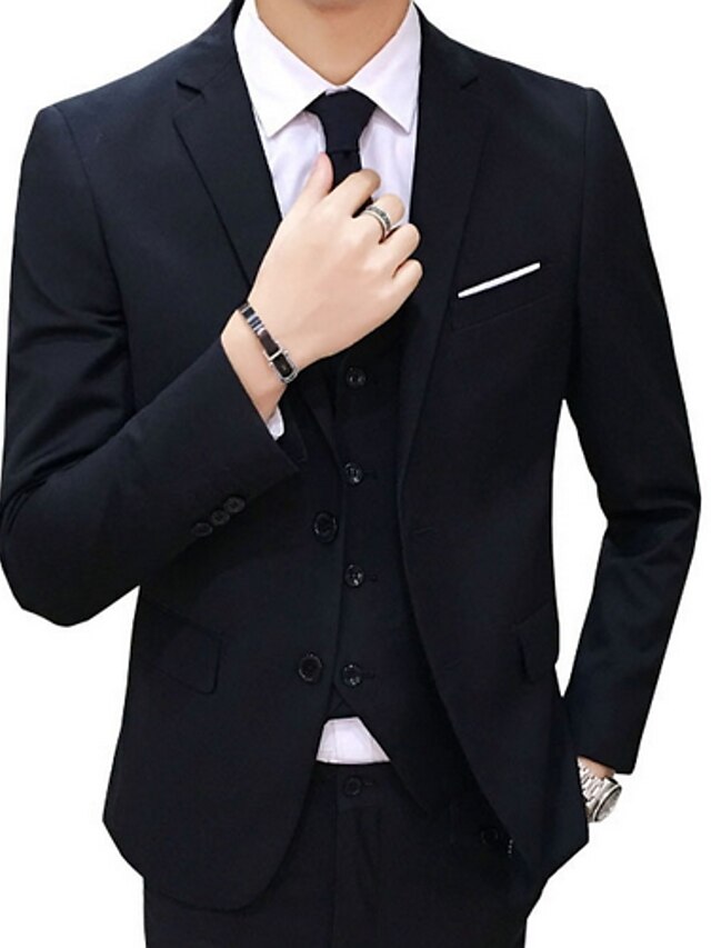  Black / Red / Navy Blue Slim Polyester Men's Suit - Notch lapel collar