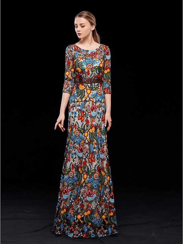  Sheath / Column Elegant & Luxurious Floral Formal Evening Wedding Party Dress Jewel Neck Half Sleeve Floor Length Lace with 2021