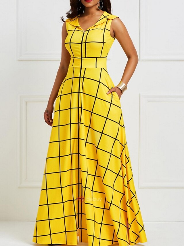  Women's Maxi Swing Dress V Neck Yellow M L XL XXL