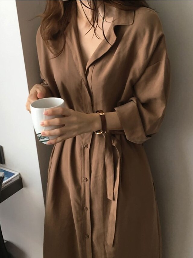  Women's Daily Street chic Spring Long Trench Coat, Solid Colored Rolled collar Long Sleeve Polyester Drawstring Camel / Navy Blue / Loose