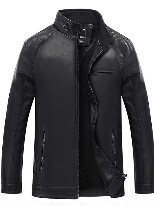  Men's Daily Chinoiserie Winter Regular Leather Jacket, Solid Colored Stand Long Sleeve PU Black / Slim