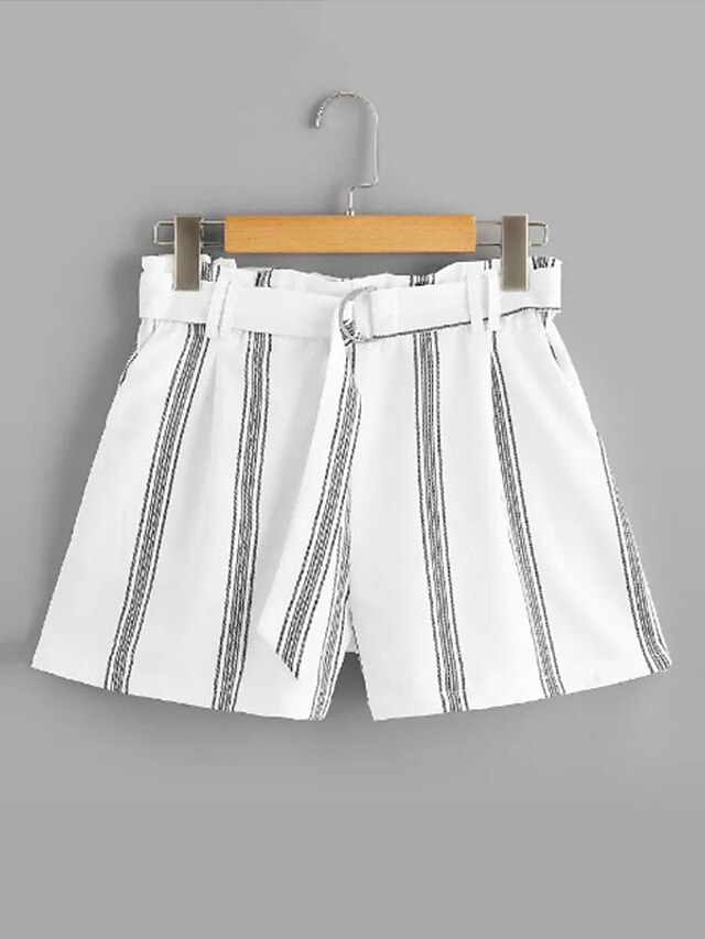  Dame Basale Løstsiddende Shorts Bukser - Stribet Patchwork Hvid S M L