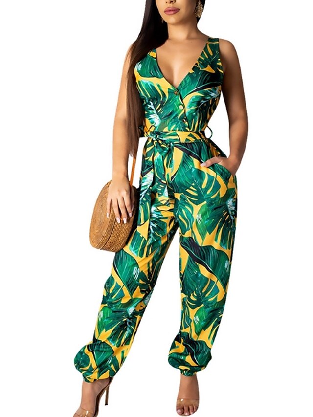  Women's Green Jumpsuit Floral Floral / Wide Leg