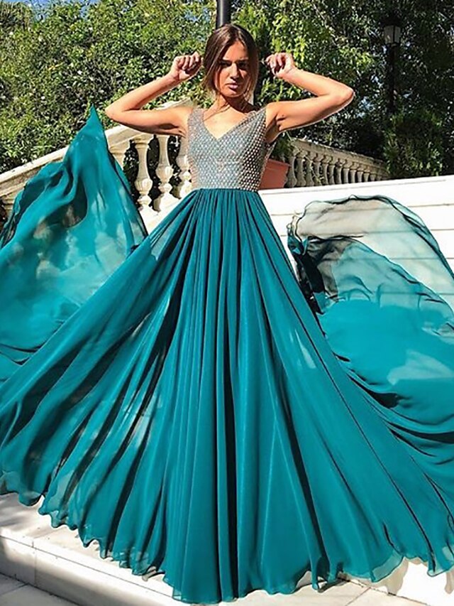  A-Line Elegant & Luxurious Vintage Inspired Holiday Wedding Party Dress V Neck Sleeveless Floor Length Chiffon with Pleats Sequin 2020