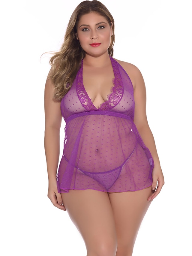  Women's Lace Sexy Babydoll & Slips / Suits Nightwear Floral Wine Purple Blue S M L / V Neck