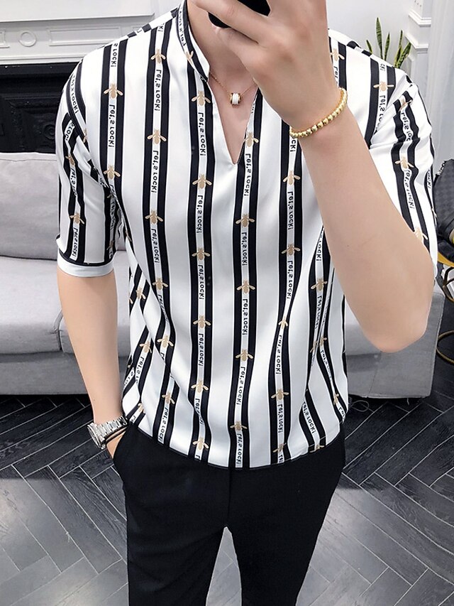  Men's Shirt Striped Print Half Sleeve Tops White Blue