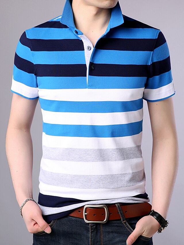  Men's Cotton Polo - Striped Print Shirt Collar Blue
