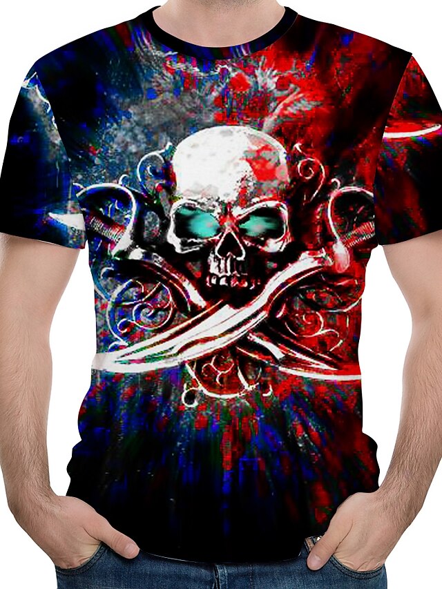  Men's T shirt Color Block 3D Skull Round Neck Print Tops Black