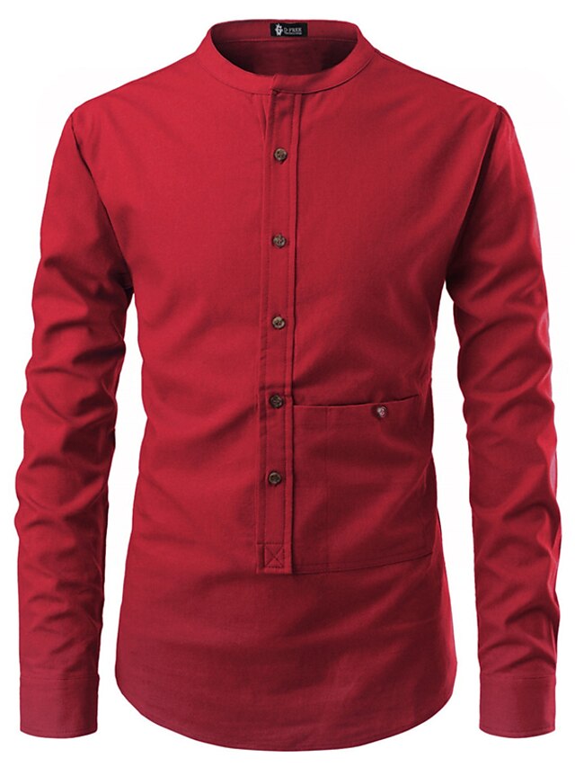 Mens Clothing Mens Shirts | Mens Shirt Solid Colored Standing Collar Daily Lace up Long Sleeve Tops Basic White Black Red Busine