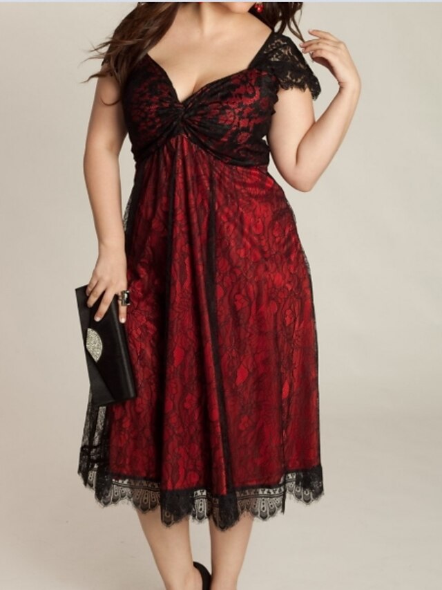  Women's A-Line Dress Midi Dress - Short Sleeve V Neck Loose Black Red M L XL XXL 3XL 4XL 5XL