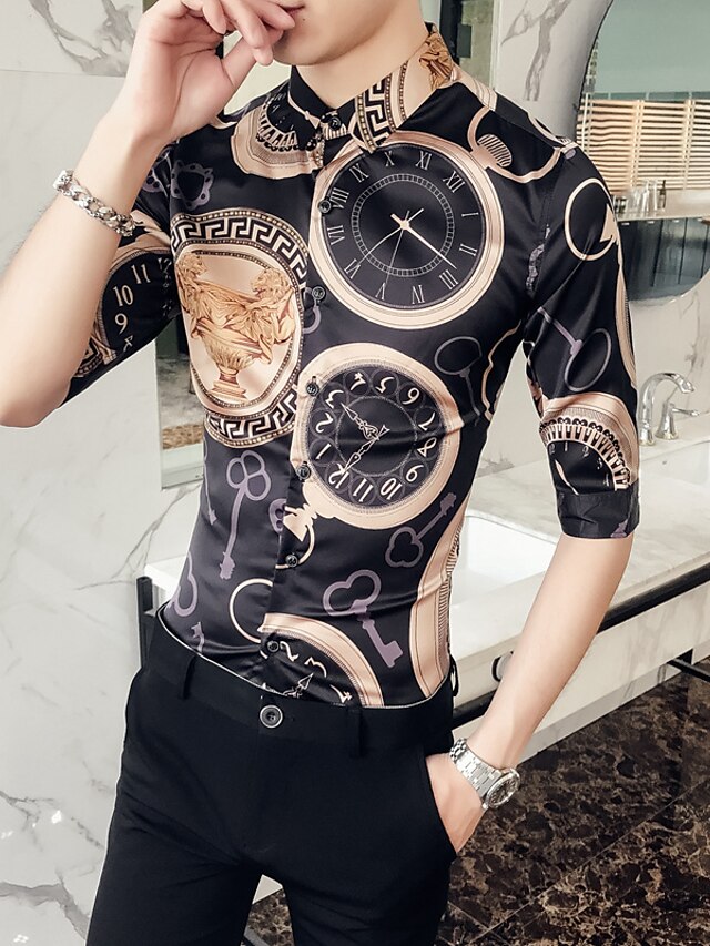 Men's Shirt Geometric Print Long Sleeve Tops Black