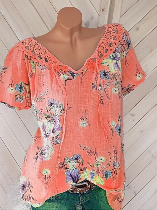  Women's T shirt Solid Colored Plus Size Lace Floral Style Short Sleeve Daily Wear Tops White Blushing Pink Orange