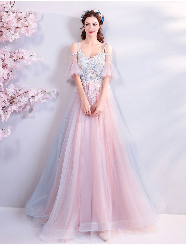  Trapèze Le style mignon Couleurs Pastel robe ceremonie Fête de Mariage Robe Coeur Manches Courtes Longueur Sol Tulle avec Appliques 2020