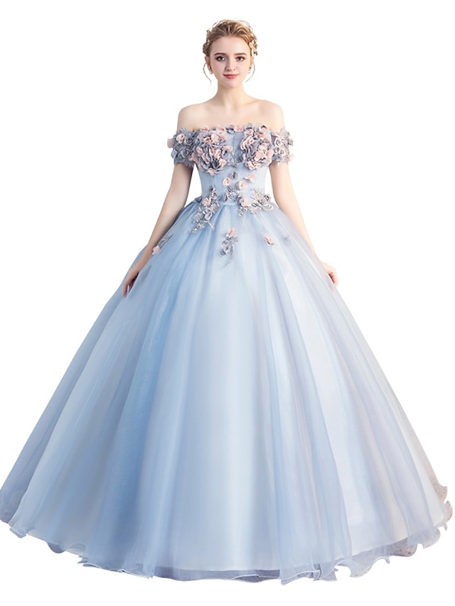  Ball Gown Floral Blue Quinceanera Formal Evening Dress Off Shoulder Short Sleeve Floor Length Tulle with Appliques 2020