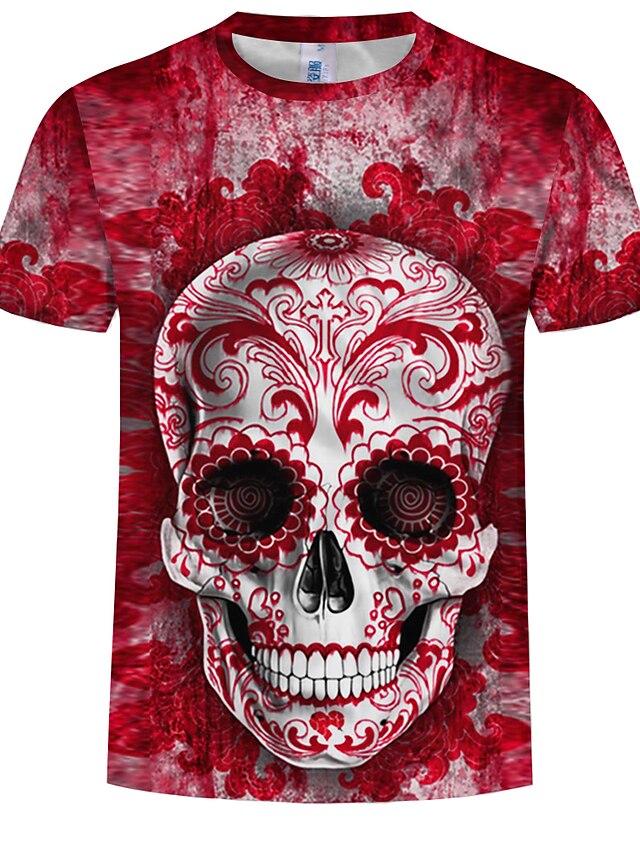  Men's 3D Skull Plus Size T-shirt Print Tops Round Neck Wine