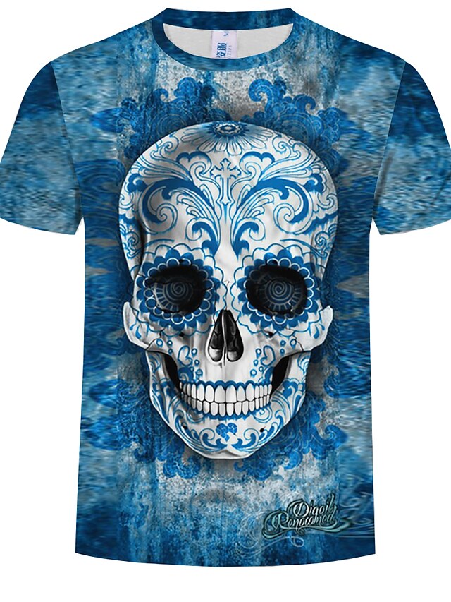  Men's T shirt 3D Skull Plus Size Print Tops Cotton Blue