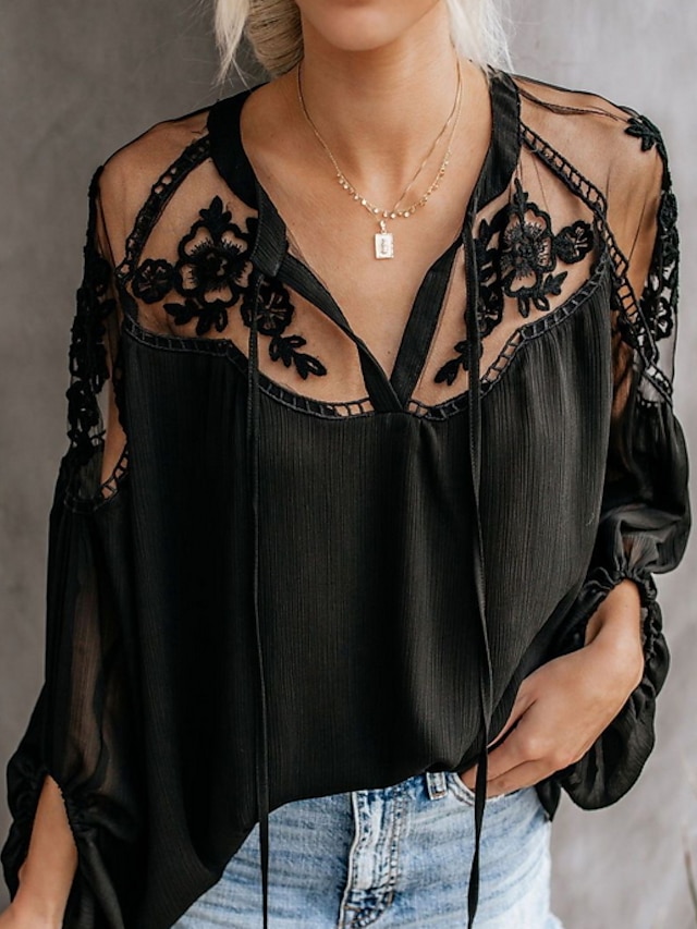  Women's Shirt Going Out Tops Blouse Concert Tops Black White Plain Solid Colored Lace Mesh Long Sleeve Street V Neck Loose Fit S