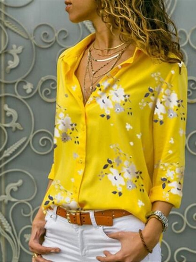  Women's Shirt Blouse Leopard White Yellow Leopard Floral Print Long Sleeve Work Basic Casual Shirt Collar Regular S