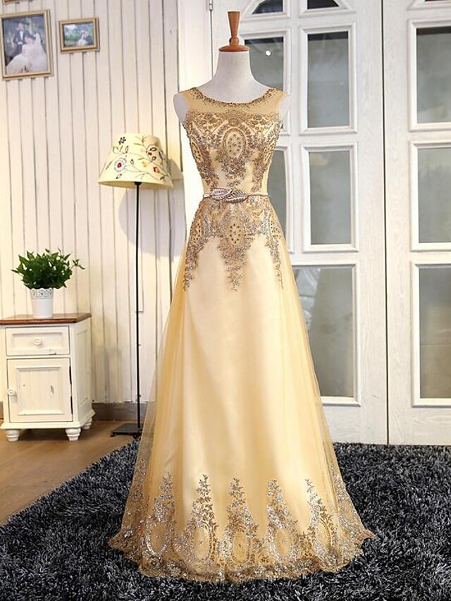  A-Line Elegant Vintage Inspired Formal Evening Dress Jewel Neck Sleeveless Floor Length Tulle Sequined with Sash / Ribbon Sequin 2020