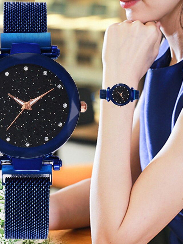  Women Quartz Watch Bling Rhinestone Wristwatch Starry Sky Dial Waterproof Mesh Belt Watch