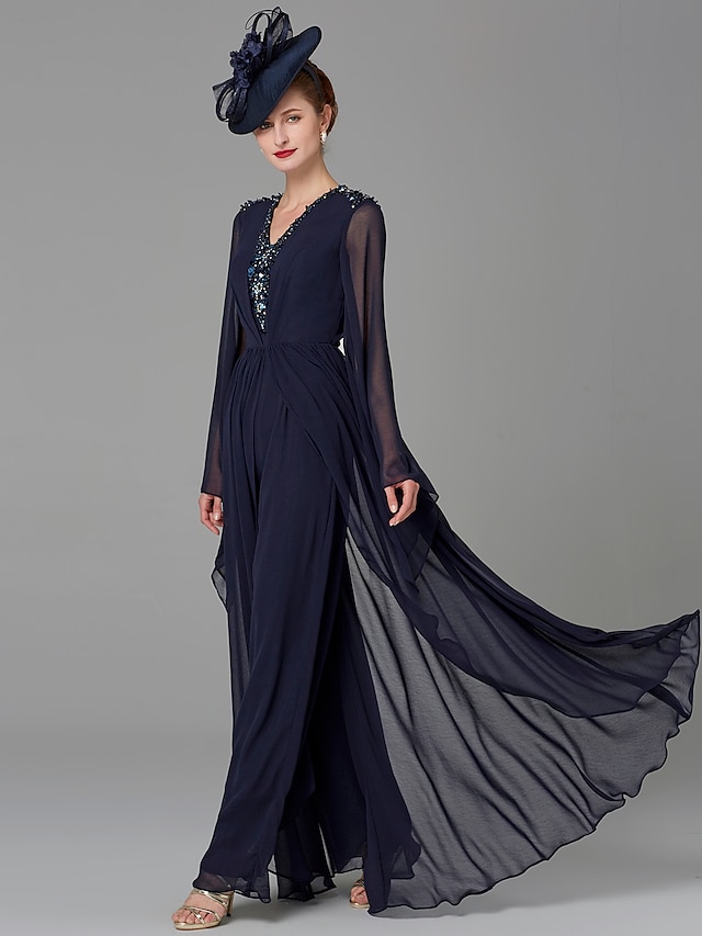 Jumpsuits Mother Of The Bride Dress Plus Size Elegant V Neck Floor Length Georgette Long Sleeve 0355