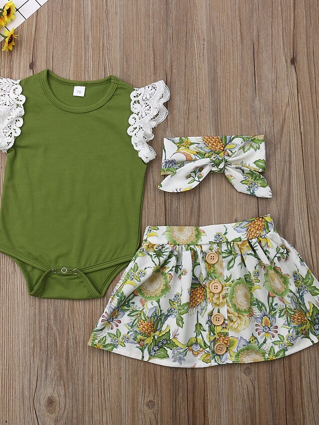  Baby Girls' Boho Floral Short Sleeve Regular Clothing Set Green