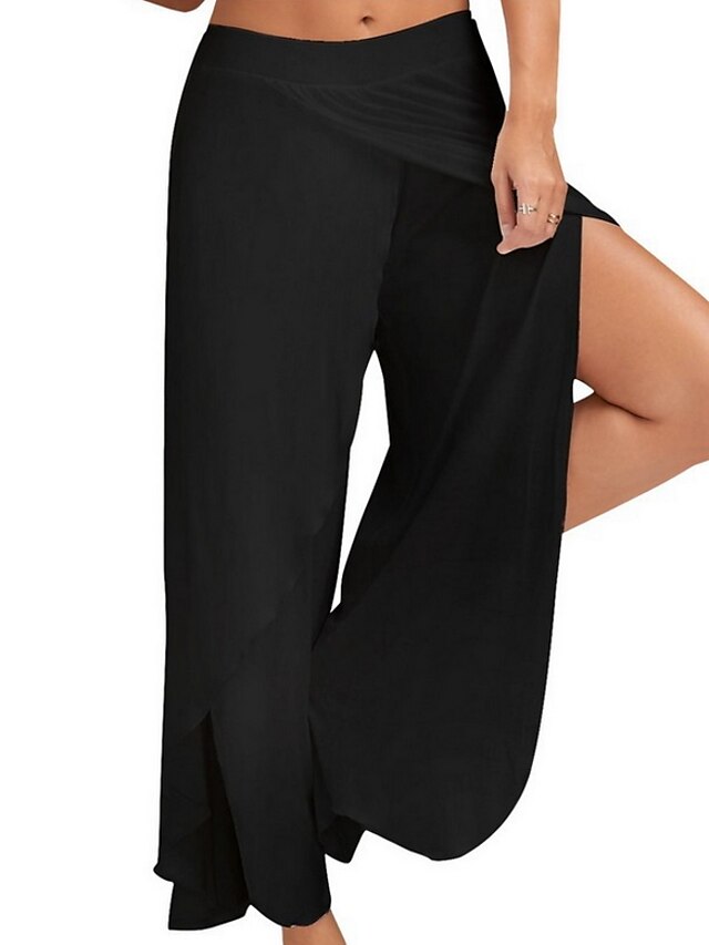  Women's Basic Plus Size Slim Wide Leg Pants - Solid Colored Black Wine Light Blue M L XL