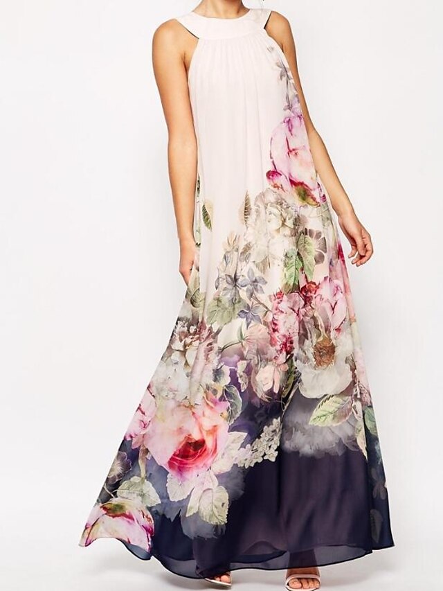  Women's Swing Dress Maxi long Dress - Sleeveless Floral Flower Patchwork Print Spring & Summer Casual 2021 White S M L XL XXL 3XL