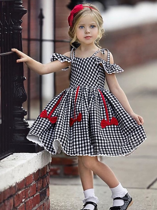  Kids Little Girls' Dress Houndstooth Jacquard Backless Lace up Pleated Black Cotton Knee-length Short Sleeve Active Cute Dresses Regular Fit / Bow