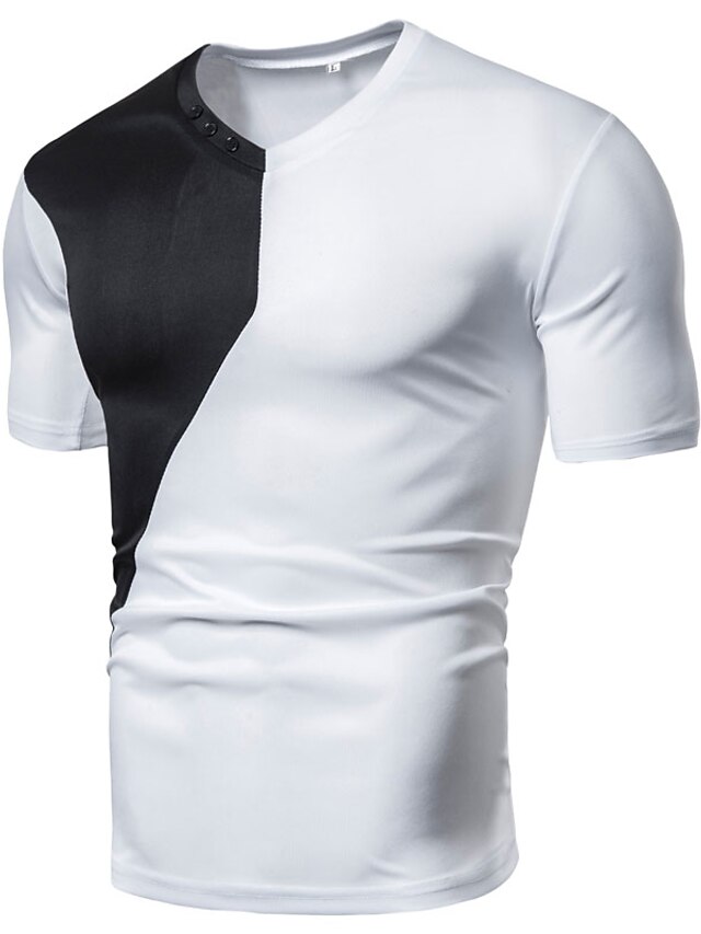 Men's Color Block Patchwork Slim T-shirt - Cotton Round Neck White ...