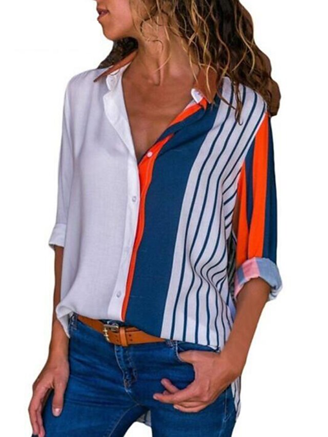  Skjortekrage Store størrelser Skjorte Dame - Stripet, Lapper Elegant Hvit
